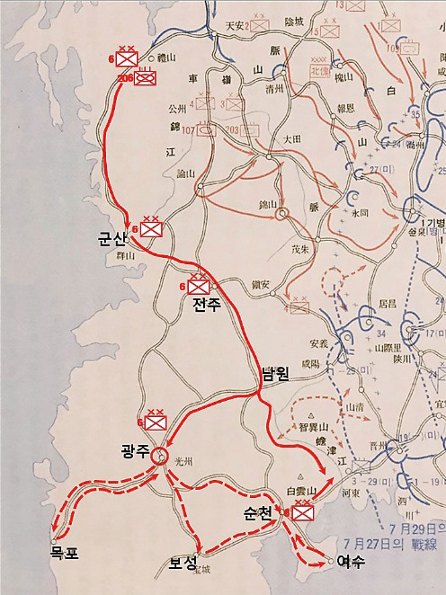 방호산이 이끄는 인민군 6사단의 이동 경로(1950.7.10~1950.7.28). 인민군 6사단은 중공 팔로군 166사단이 그대로 북한군으로 개편된 사단이다. / 국방부 군사편찬연구소