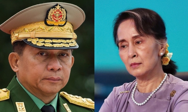 아웅산 수치(오른쪽) 미얀마 국가자문과 민 아웅 흘라잉 군 총사령관(왼쪽). 미얀마 군부의 배경에는 중국이 있다.